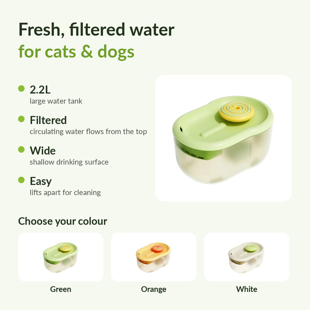 Pet water fountain features: 2.2L tank, filtered circulating water, wide drinking surface, lifts apart for cleaning, in green, orange and white