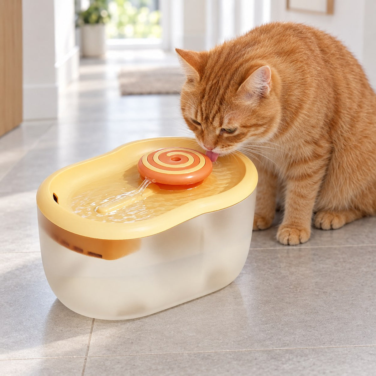 Ginger cat drinking from the orange automatic pet water fountain